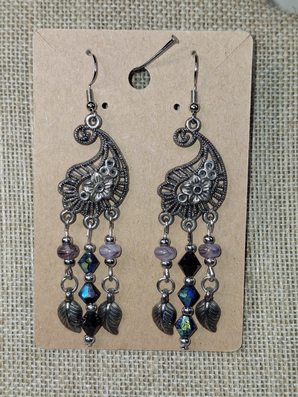 Handcrafted Silver Floral Paisley Dangle Earrings with Purple Beads